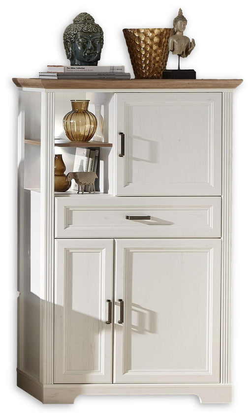 Highboard JASMIN in Pinie weiß mit Glastür, Schublade und Türen, dekorativ bestückt.