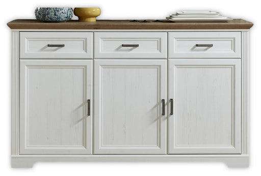 Sideboard JASMIN mit weiß lackiertem Korpus, Artisan-Eiche-Oberboden, drei Schubladen und Türen, Gesamtansicht von vorn.