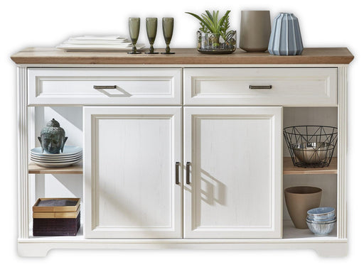 Sideboard JASMIN mit weiß lackierter Front, offenen Seitenfächern und Eichenholz-Oberboden, Vorderansicht.