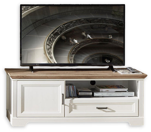 TV Lowboard JASMIN 143 cm in Pinie weiß mit Artisan Eiche, Gesamtansicht von vorne mit geöffnetem Fach.