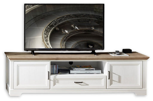 TV Lowboard JASMIN 193 cm Pinie weiß mit Artisan-Eiche-Absetzung, offenen und geschlossenen Fächern, Gesamtansicht von vorne.