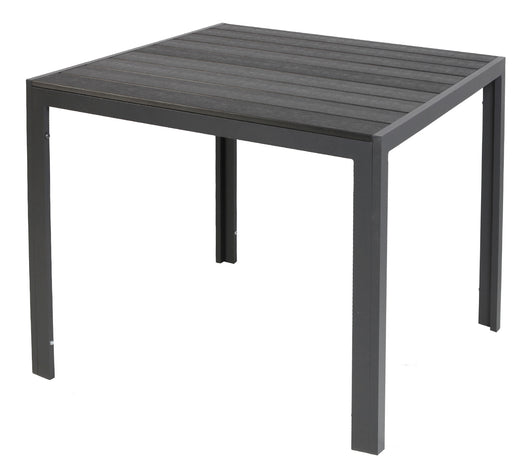 Gartentisch Comfort 90 x 90 cm mit schwarzer Nonwood-Platte und Aluminiumgestell, Gesamtansicht von vorne.