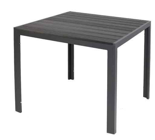 Gartentisch Comfort 80 x 80 cm mit schwarzem Aluminium-Gestell und Nonwood-Tischplatte in Holzoptik, Gesamtansicht.