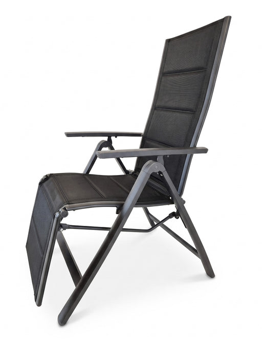Relaxsessel Gartensessel Comfort mit schwarzem Netzbezug und anthrazitfarbenem Aluminium-Gestell in Gesamtansicht.