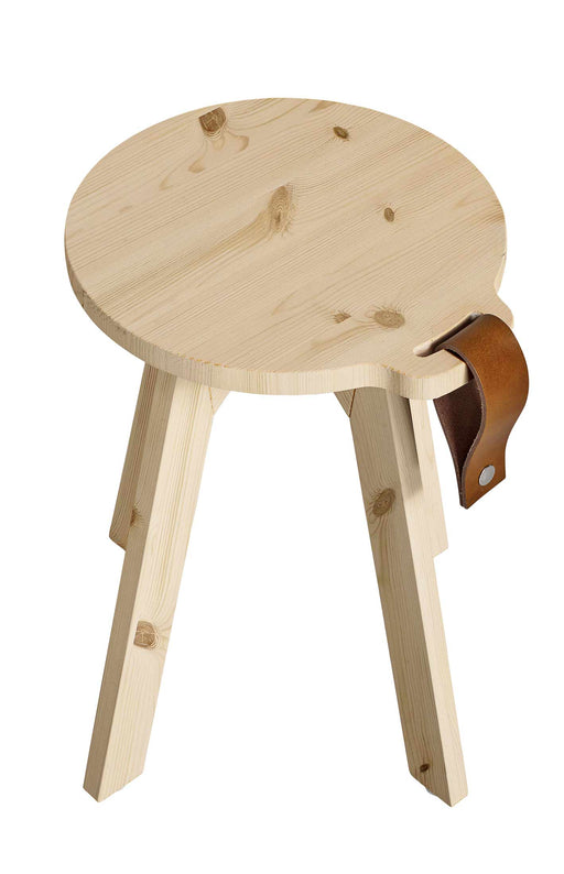 Hocker Beistelltisch COUNTRY aus Kiefer massiv mit runder Sitzfläche, drei Beinen und braunem Ledergriff.