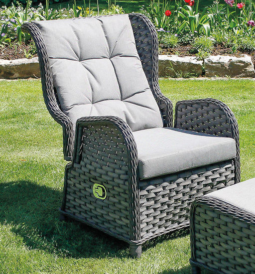 Gartensessel Relaxsessel COMFORT mit grauem Polster und schwarzem Aluminium-Gestell in Gesamtansicht.