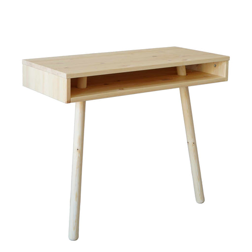 Konsole Wandtisch CAPO Kiefer Natur lackiert in Gesamtansicht mit offenem Ablagefach und runden Holzbeinen.