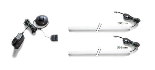 Technische Zeichnung des LED Beleuchtungsleiste Farbton weiß 595 mm 2er-Sets mit Netzteil und Sensor.