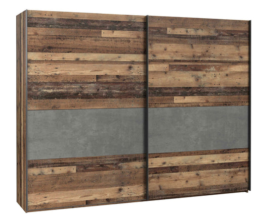 Schwebtürenschrank CLIF 270cm mit Holzfront in Old Wood Vintage und dunkelgrauer Betonoptik-Mitte, Gesamtansicht.