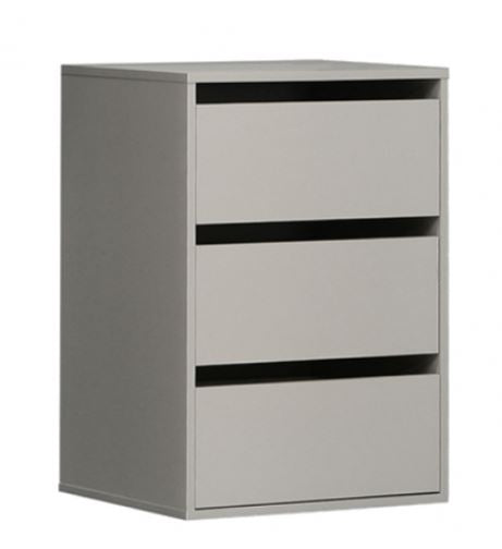 Schubladenblock grau schmal passend zu Kleiderschrank mit drei Schubladen, Gesamtansicht von vorne.