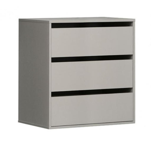 Schubladenblock breit passend zu Kleiderschrank in Gesamtansicht mit drei hellen Schubladen und grauem Seitenteile.