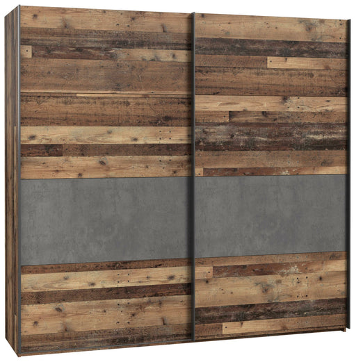 Forte Schwebetürenschrank CLIF 220 cm mit zwei Schiebetüren in Old Wood Vintage und dunkelgrauer Betonoptik.