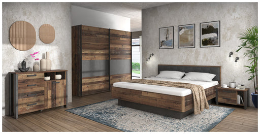 Schlafzimmer CLIF 220, 5-tlg Komplettset in Old Wood Vintage Optik mit Bett, Schrank, Kommode und Nachttischen in Braun-Grau.