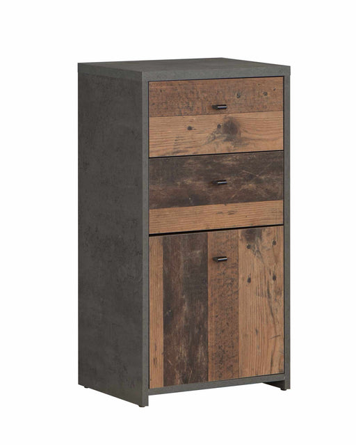 Kommode BEST CHEST K211 in Gesamtansicht mit dunkelgrauem Betonkorpus, Old Wood Vintage-Front und vier Schubladen.