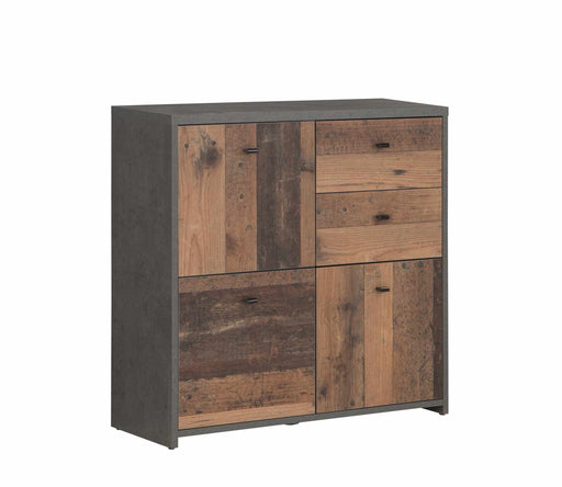 Kommode BEST CHEST K223 3-trg. 2 Schubladen in Old Wood Vintage-Optik mit grauem Metallgestell, Gesamtansicht von vorne.