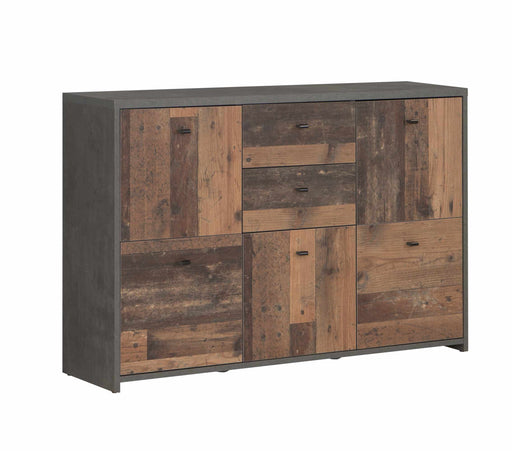 Kommode BEST CHEST K233 5-trg. mit 2 Schubladen in Old Wood Vintage Optik, Frontansicht mit grauem Korpus.