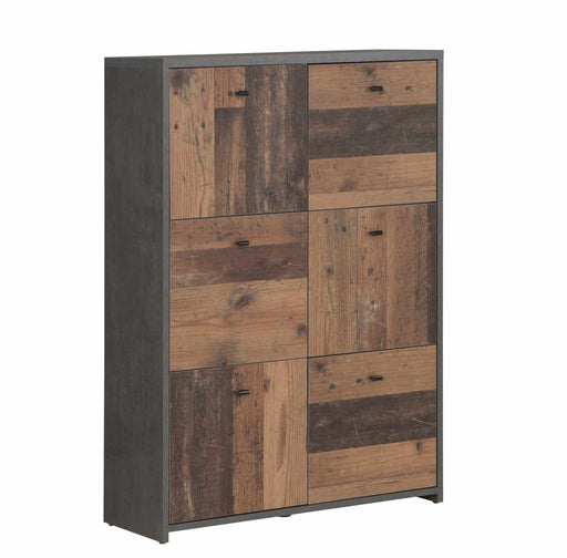 Kommode BEST CHEST K321 mit grauem Metallrahmen und sechs Türen in Old Wood Vintage Optik, Gesamtansicht von vorne.