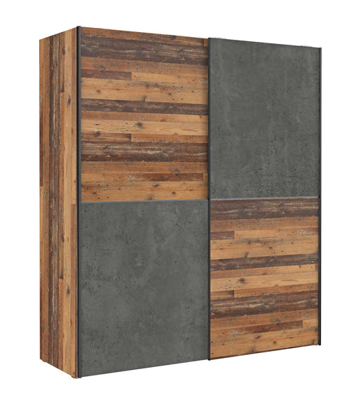 Schwebetürenschrank DEDERIK 170x190 cm in Old Wood Vintage mit zweiteiliger Schiebetürfront, Gesamtansicht.