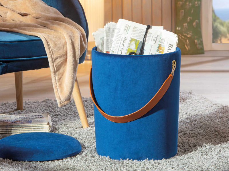 Polsterhocker PAPUA Samtbezug Blau Hocker mit Stauraum