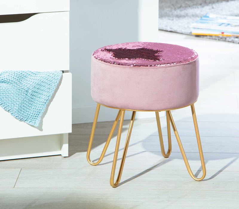 Polsterhocker Hocker BELIZE mit Samt und Wendepailletten in Rosa