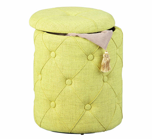 Hocker YAPAK mit geöffnetem Deckel, zeigt grünen Stoffbezug mit Knopfheftung und beige Innenfutter.