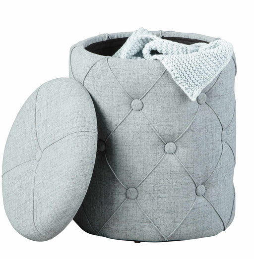 Polsterhocker Hocker YAPAK mit grauem Stoffbezug, Knopfheftung und geöffnetem Deckel, Gesamtansicht.