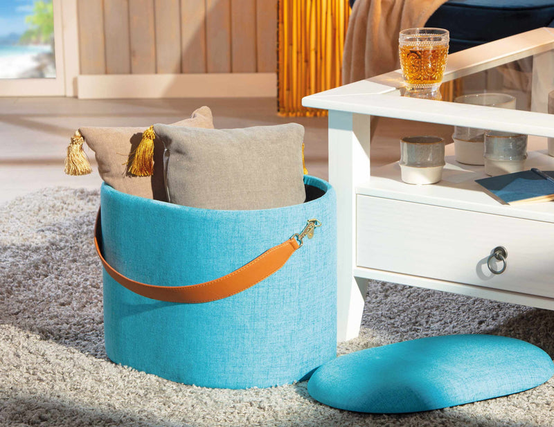 Polsterhocker Hocker DILIA mit Stoffbezug in Blau und Trageband