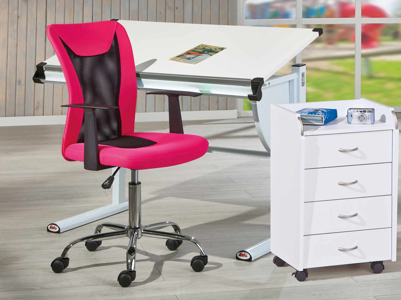 Kinderschreibtisch MILO weiß Drehstuhl Donny Pink und Rollcontainer