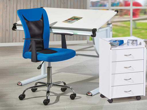 Set Kinderschreibtisch MILO weiß Drehstuhl Donny Blau + Rollcontainer
