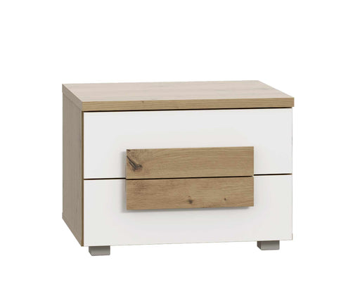 Nachtkommode ARKINA Nachttisch mit 2 Schubladen in Artisan Eiche, Gesamtansicht mit weißer Front und Eichenholzplatte.