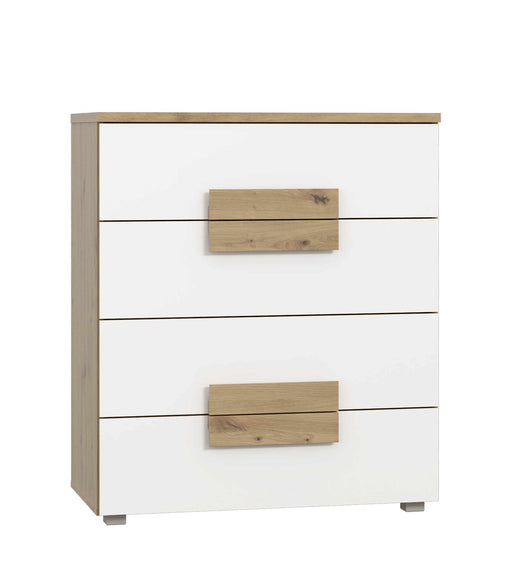 Schubladenkommode ARKINA Kommode mit 4 Schubladen in Artisan Eiche in Gesamtansicht mit weißer Frontpartie und Holzgriffen.