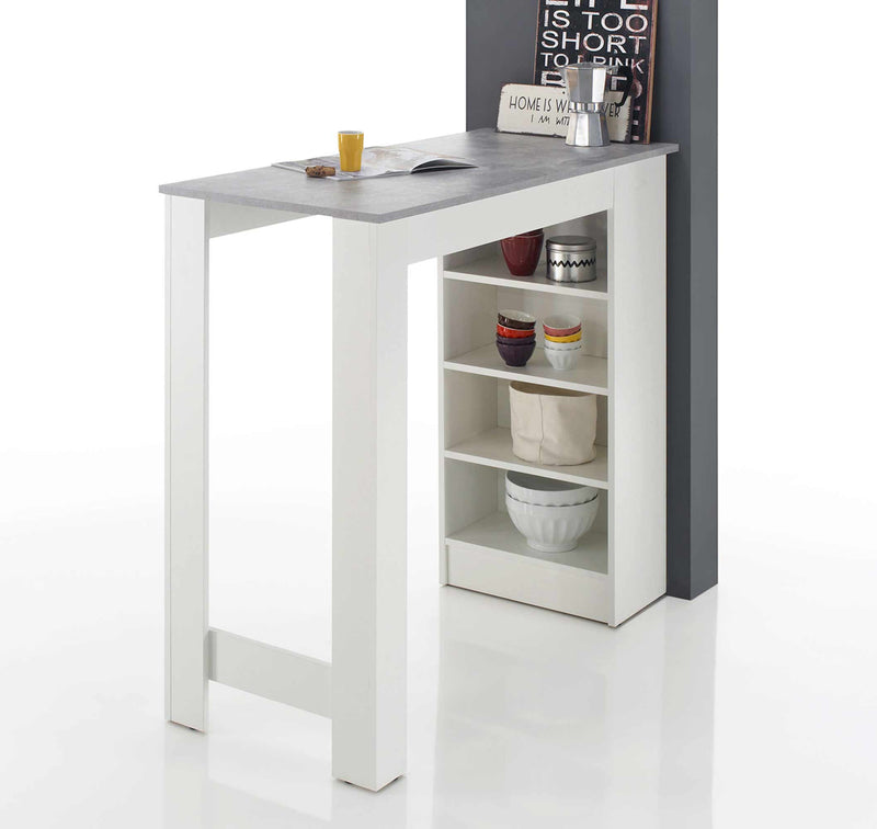 Bartisch Stehtisch MOJITO Weiß Platte Beton Optik mit seitlichem Regal