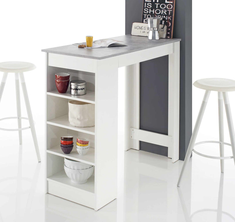 Bartisch Stehtisch MOJITO Weiß Platte Beton Optik mit seitlichem Regal