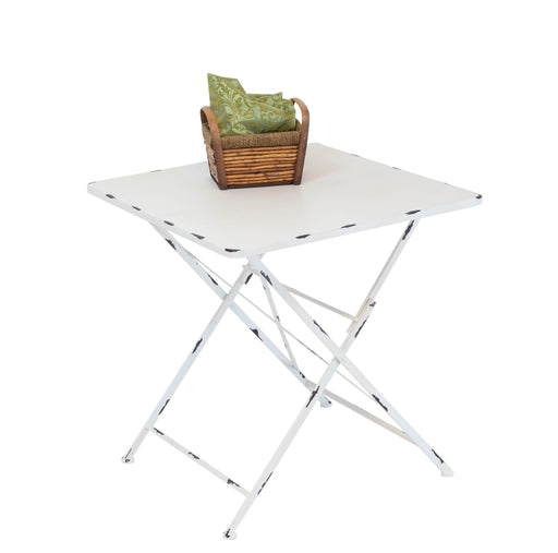 Klapptisch MARIANA 70 x 70 cm Metalltisch Weiß Antik Look in Gesamtansicht mit weißem Gestell und quadratischer Tischplatte.