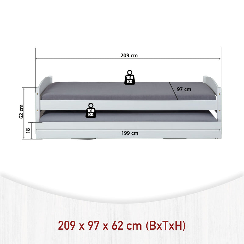 Technische Seitensicht des Ausziehbett Sofabett VINDAS mit ausgezogener unterer Schlaffläche und Maßangaben.