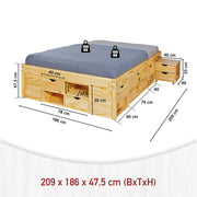 Technische Zeichnung des Funktionsbett Doppelbett Claas mit Seitenschubladen, Stauraum und grauer Matratze in Kiefer massiv.