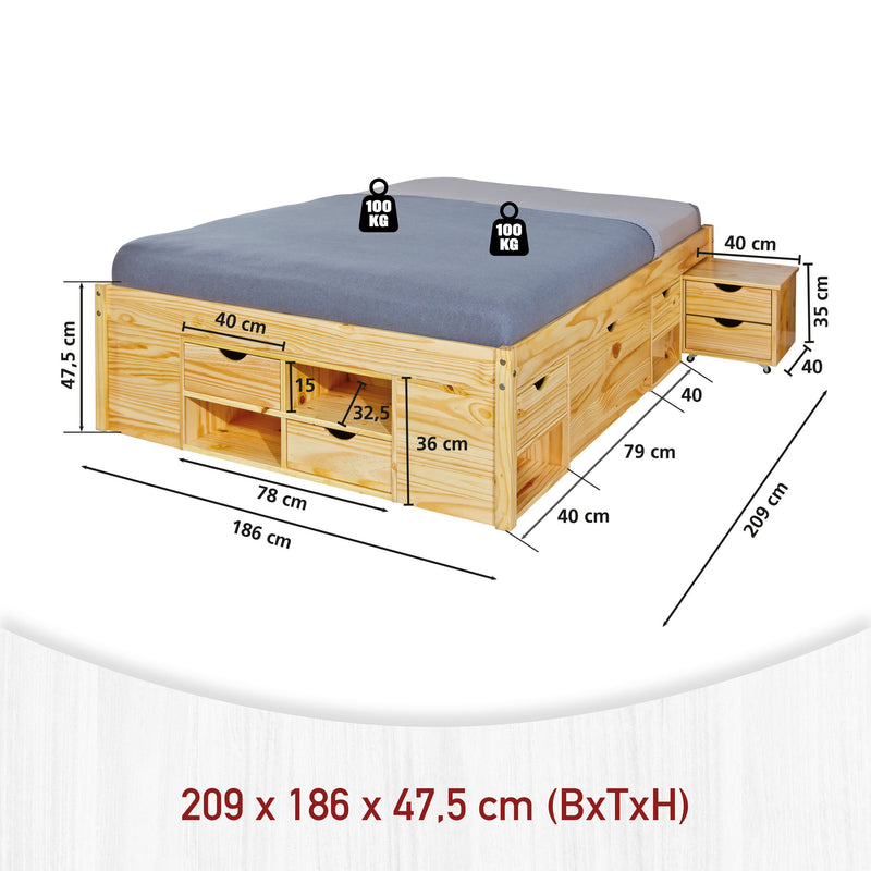 Technische Zeichnung des Funktionsbett Doppelbett Claas mit Seitenschubladen, Stauraum und grauer Matratze in Kiefer massiv.