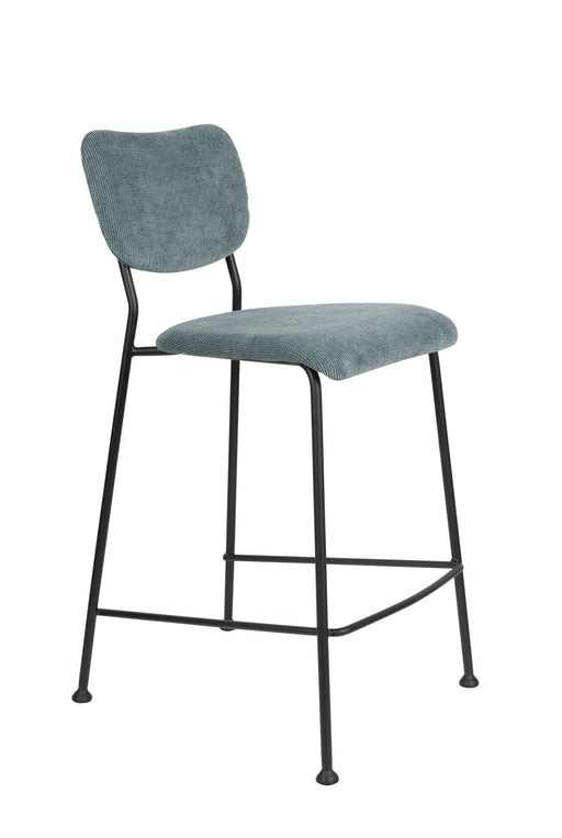 Tresenhocker BENSON GREY BLUE in Gesamtansicht mit graublauem Cordstoff und schwarzem Metallgestell.