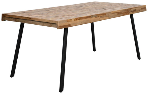 Design Esstisch SURI 180 x 90 cm mit Tischplatte aus recyceltem Teak und schwarzem Metallgestell, Gesamtansicht.