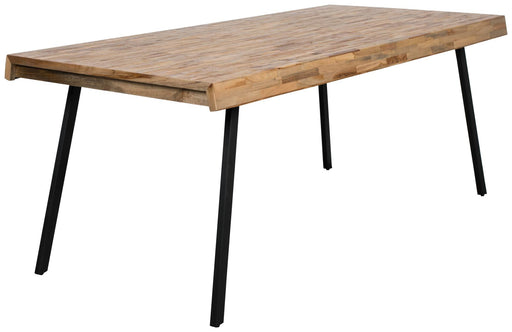 Design Esstisch SURI mit rechteckiger Tischplatte aus recyceltem Teak und schwarzem Metallgestell in Gesamtansicht.