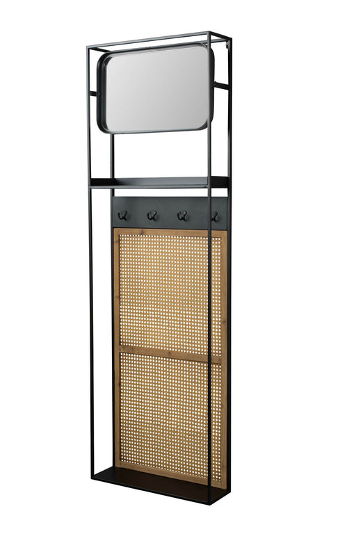 Wandgarderobe mit Garderobenspiegel LANGRES M mit Metallrahmen, Spiegelfeld oben und Rattan-Türen unten in Gesamtansicht.