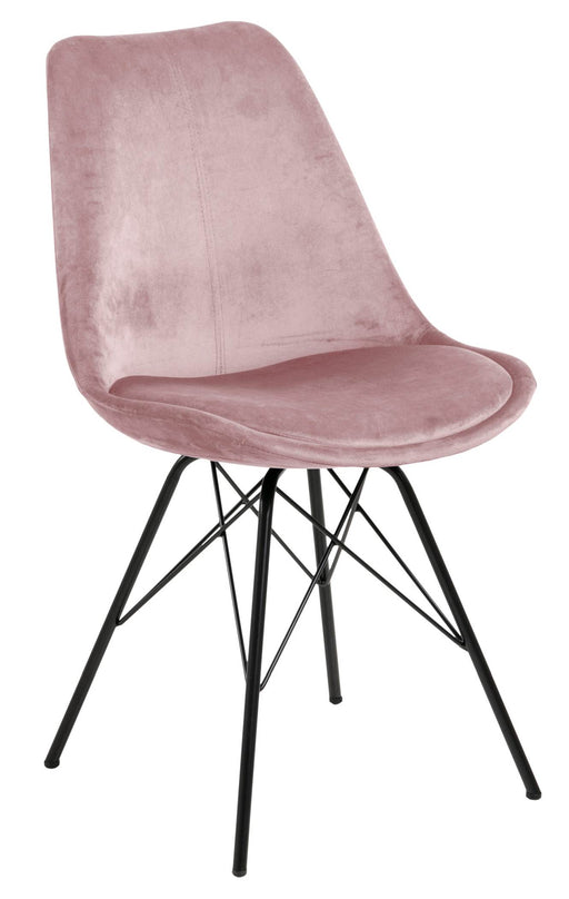 Esszimmerstuhl ERIS mit rosa Samtstoff und schwarzem Gestell in Gesamtansicht.
