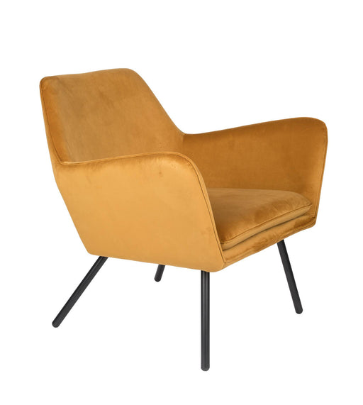 Retro Sessel BON Velvet Samtstoff Gold in Gold mit geschwungener Rückenlehne und schwarzen Beinen, Gesamtansicht.
