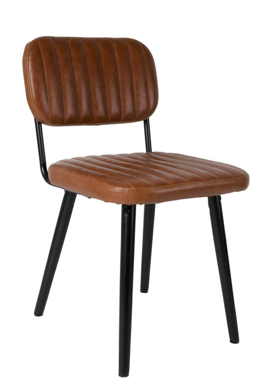 Stuhl Esszimmerstuhl JAKE WORN BROWN Kunstleder braun mit vertikalem Steppdesign und schwarzem Stahlgestell in Gesamtansicht.