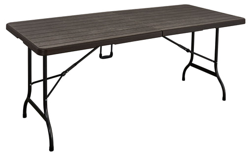 Gartentisch Klapptisch TABORA 180 x 74,5 cm in Gesamtansicht mit dunkelgrauer Holz-Optik und schwarzem Metallgestell.