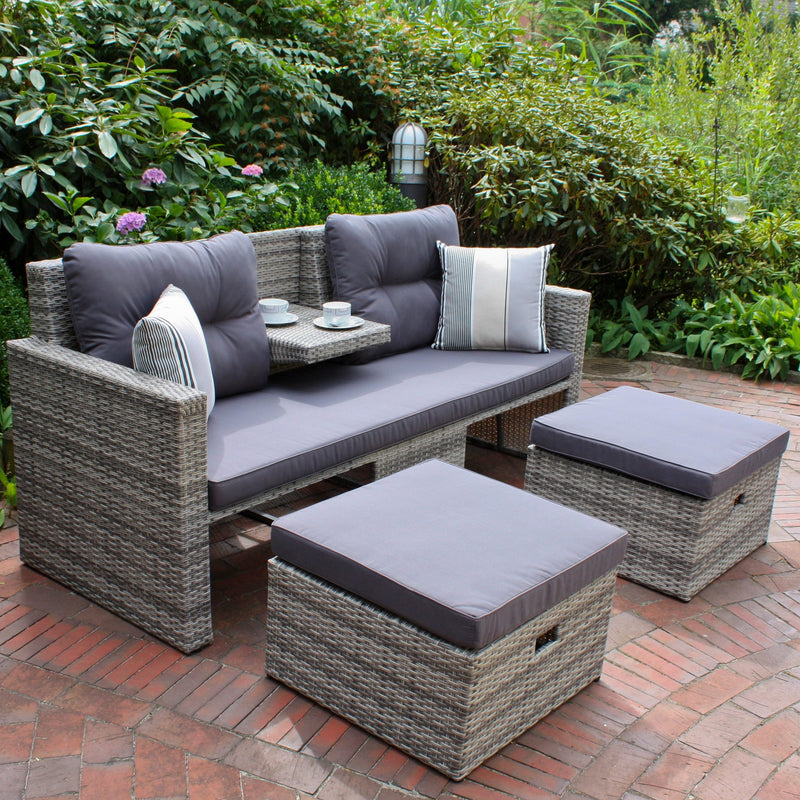Gartensofa VALLETTA inkl. Kissen und Fußhocker und klappbaren Tisch
