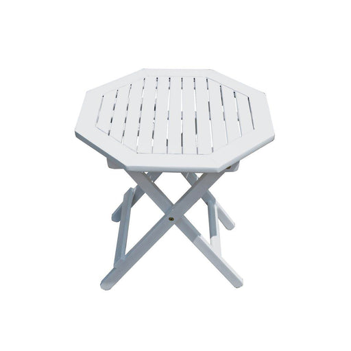 Bestelltisch Gartentisch GLENDALE 47 x 47 cm weiß in Gesamtansicht mit achteckiger Tischplatte und X-förmigem Untergestell.