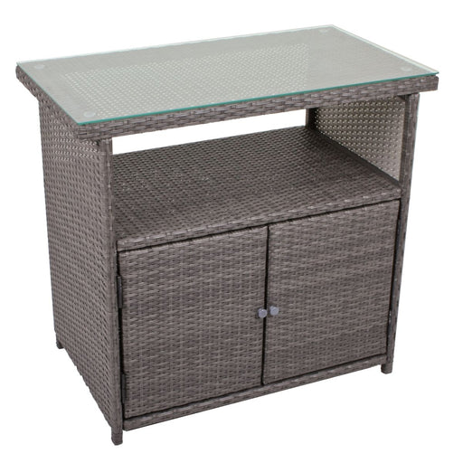 Outdoor Kommode Sideboard PADUA in Polyrattan dunkelgrau mit Glastischplatte und zweitürigem Schrank, Gesamtansicht.