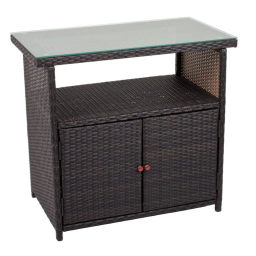 Outdoor Kommode Gartenschrank PADUA Polyrattan Coffee mit Glastischplatte und zwei geschlossenen Unterschranktüren in Gesamtansicht.