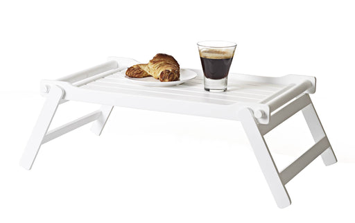 Frühstückstablett Mahagoni in Weiß mit klappbaren Beinen und erhabenen Rändern, von vorne.